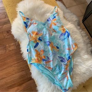 Aqua Blue Floral One Piece Strappy Swim Suit